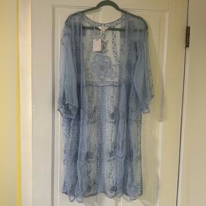 NWT: LC Lauren Conrad Crocheted Lace Flowered Blue Sheer Kimono Duster